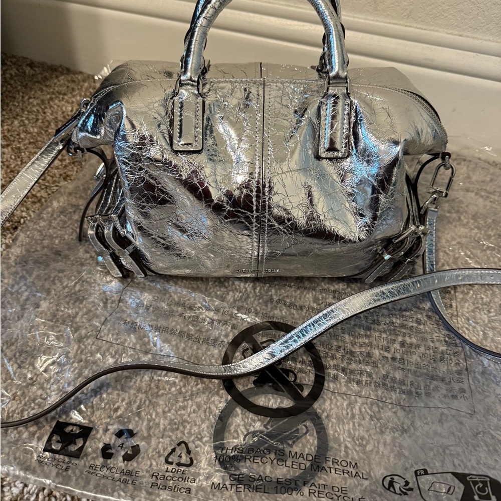 Michael Kors Darrington Metallic Small Crackled Leather Satchel